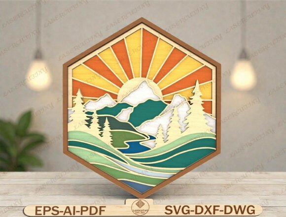 Mountain Sunrise Hexagon Art Laser Cut