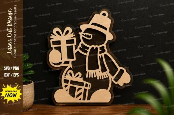 Snowman with Gifts Ornament Laser Cut Design for Holiday Crafts