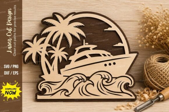 Tropical Yacht Ocean Laser Cut SVG